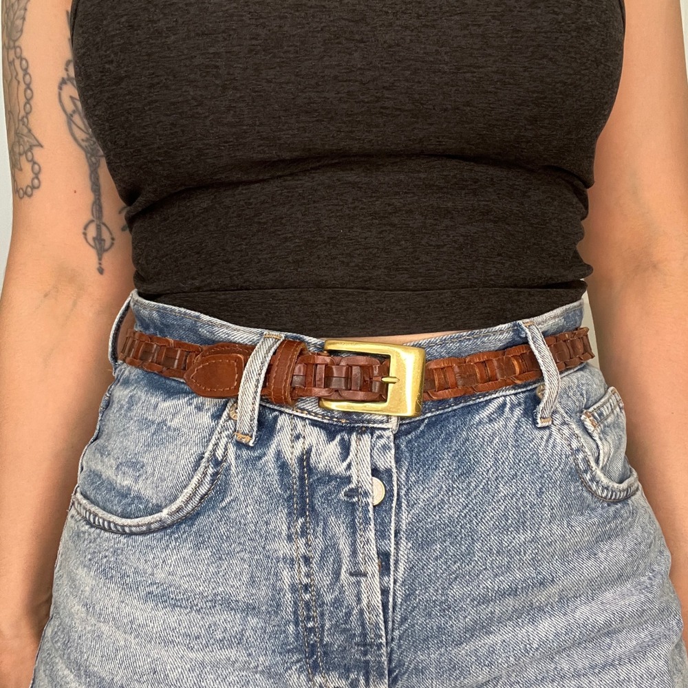 Woven Brown Genuine Leather‎ Belt with Brass Buckle Size S 36 Inch Made in India